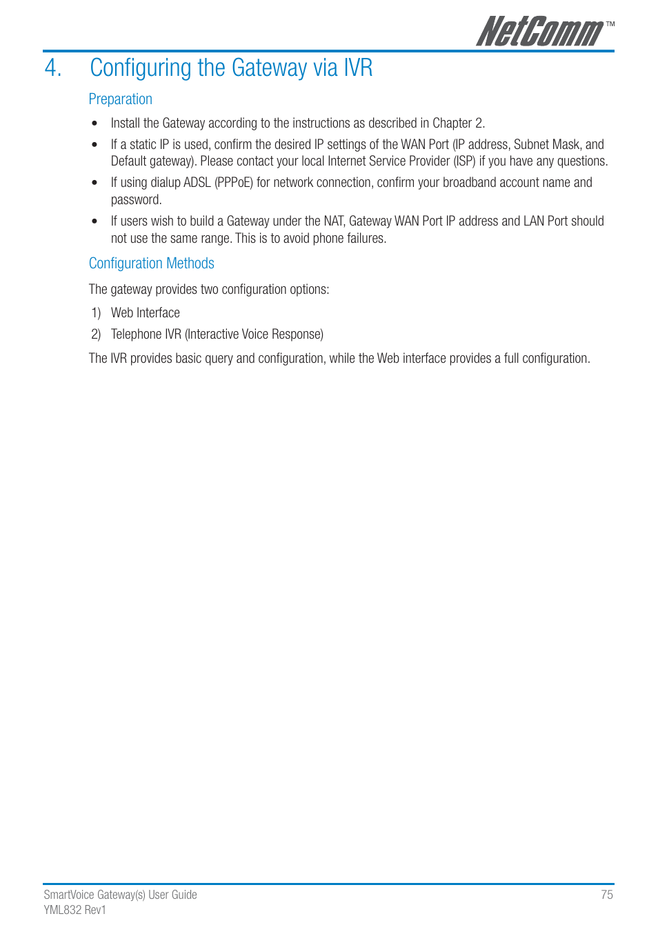 Conﬁguring the gateway via ivr | NetComm SmartVoice Gateway User Manual | Page 75 / 95