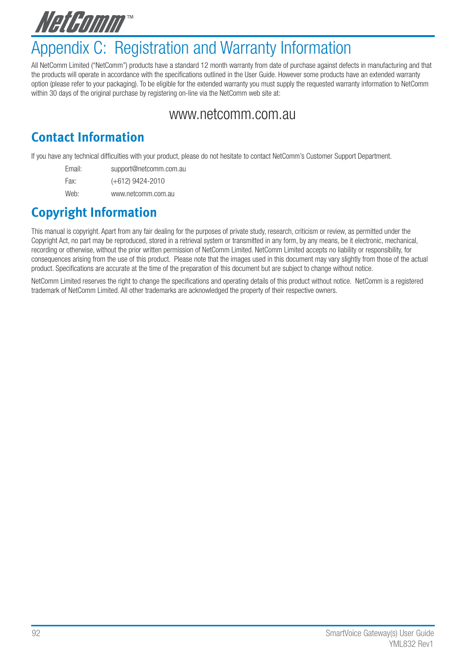 Appendix c: registration and warranty information, Contact information, Copyright information | NetComm SmartVoice Gateway User Manual | Page 92 / 95