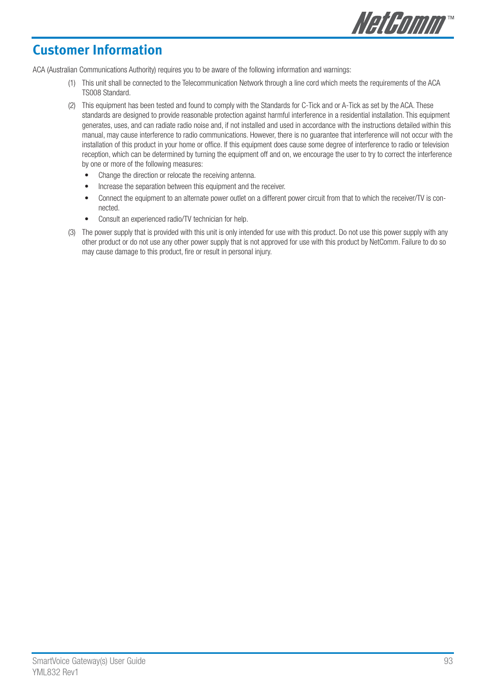 Customer information | NetComm SmartVoice Gateway User Manual | Page 93 / 95