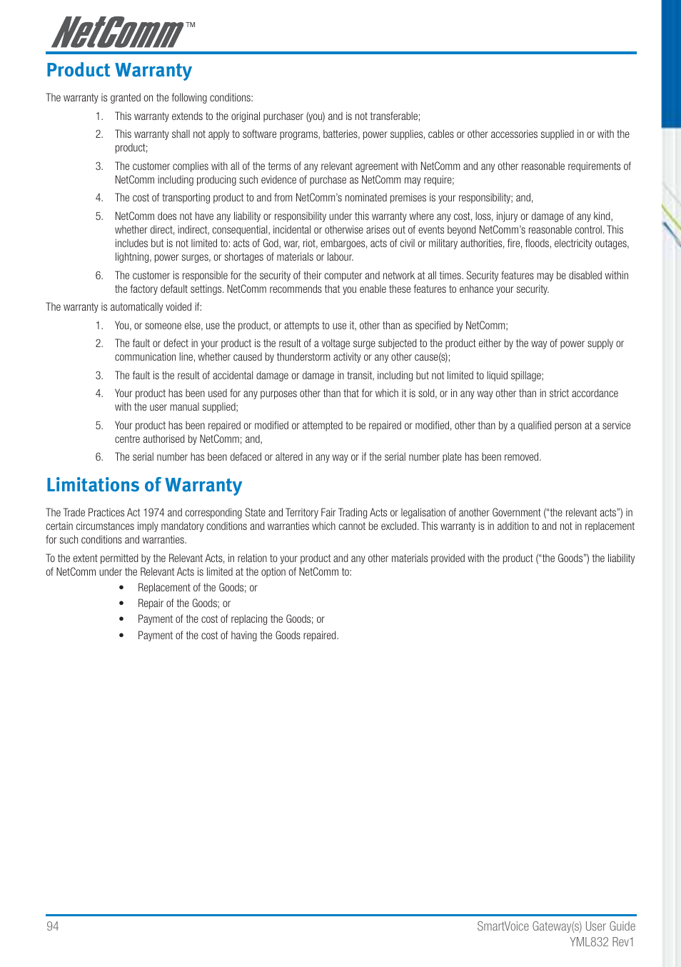Product warranty, Limitations of warranty | NetComm SmartVoice Gateway User Manual | Page 94 / 95