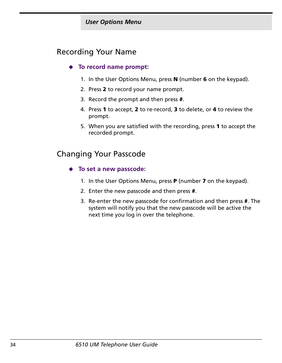Recording your name, Changing your passcode | NetComm 6510 User Manual | Page 36 / 41