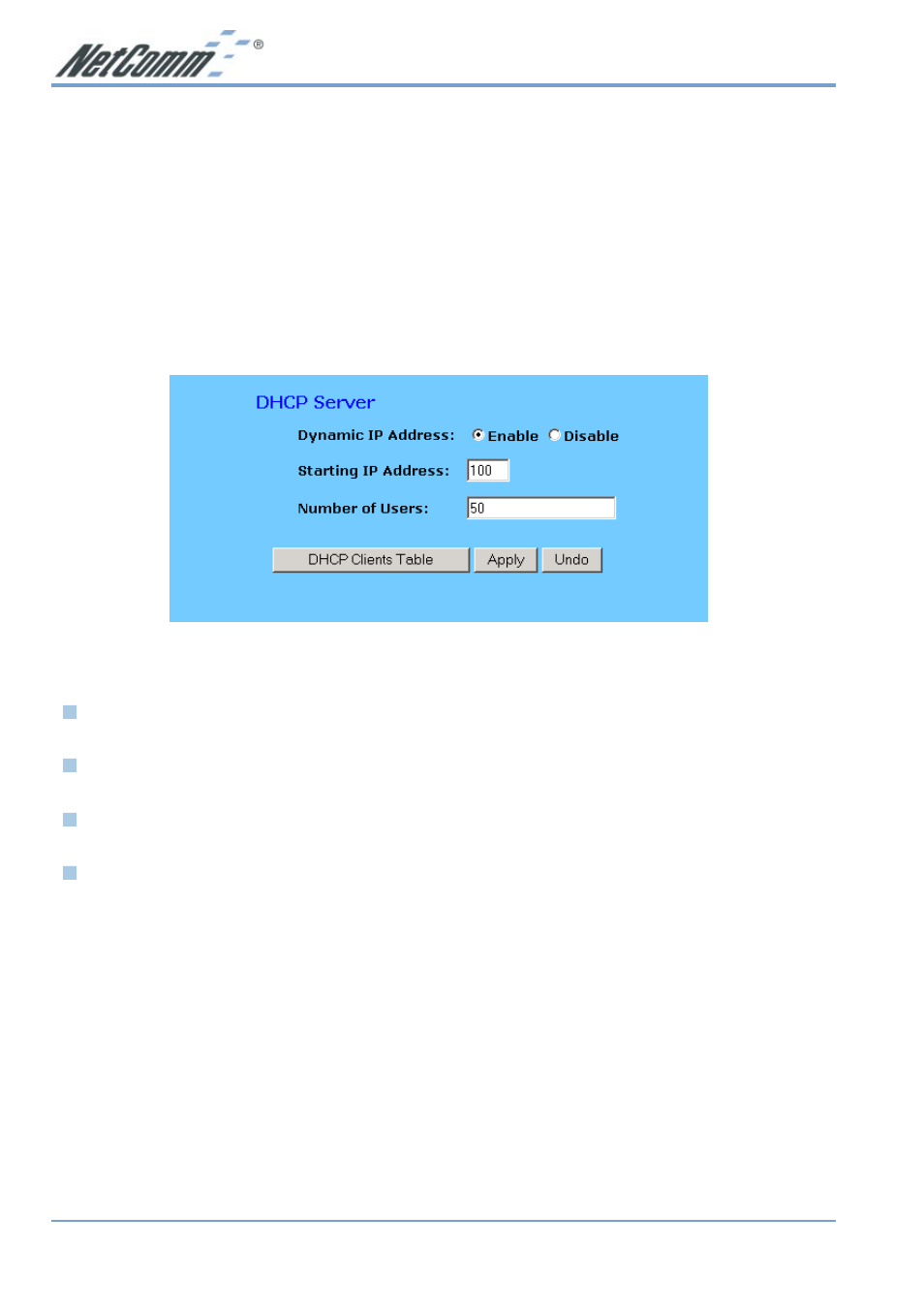 Chapter 4: advanced applications, 1 dhcp configuration, 2 access control | 1 dhcp configuration 4-2 access control | NetComm NB2800 User Manual | Page 26 / 52