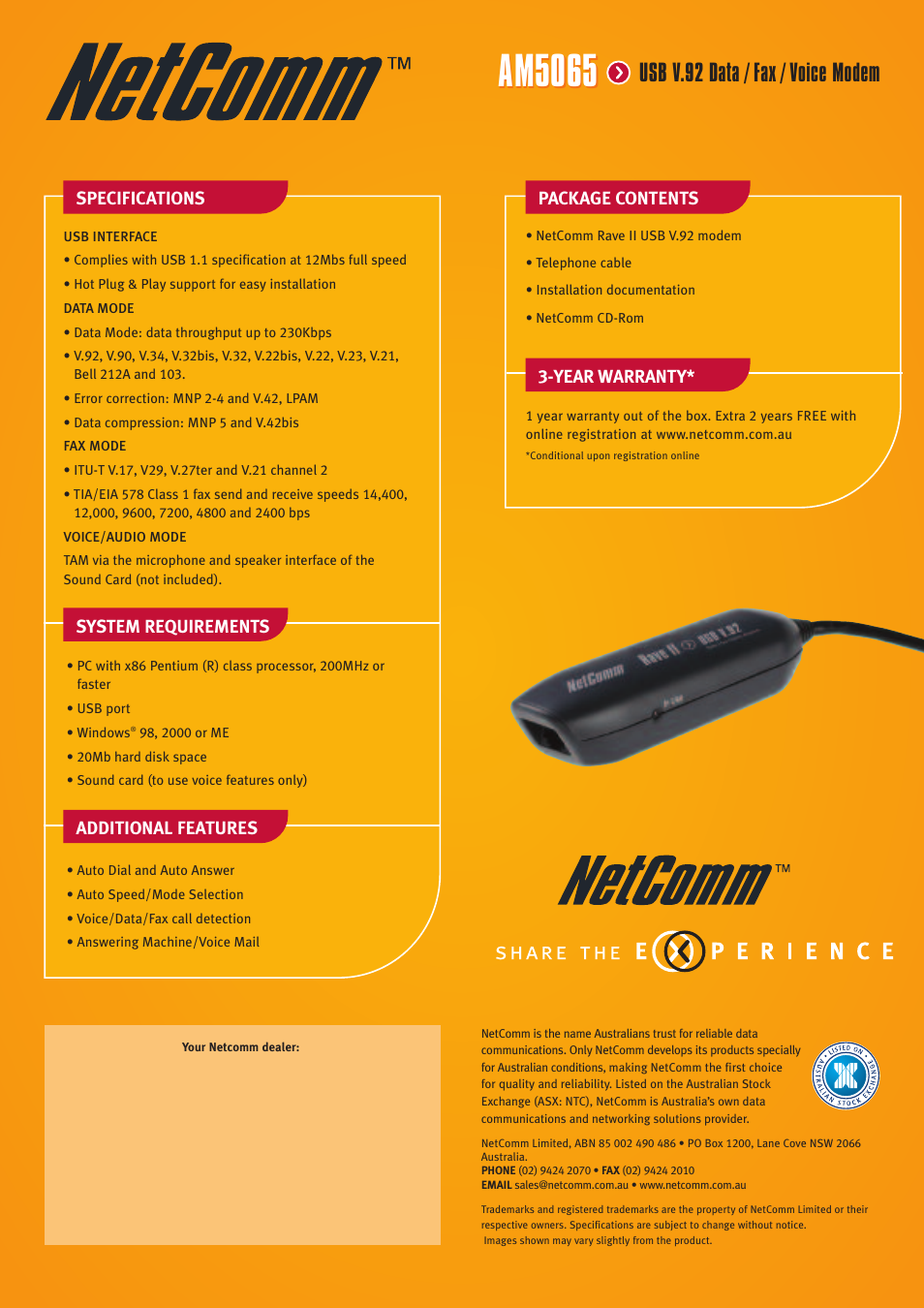 Am5065, Usb v.92 data / fax / voice modem, Specifications package contents | NetComm AM5065 User Manual | Page 2 / 2