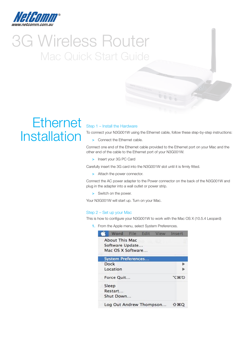 3g wireless router, Ethernet installation, Mac quick start guide | NetComm 3G WIRELESS ROUTER N3G001W User Manual | Page 2 / 8