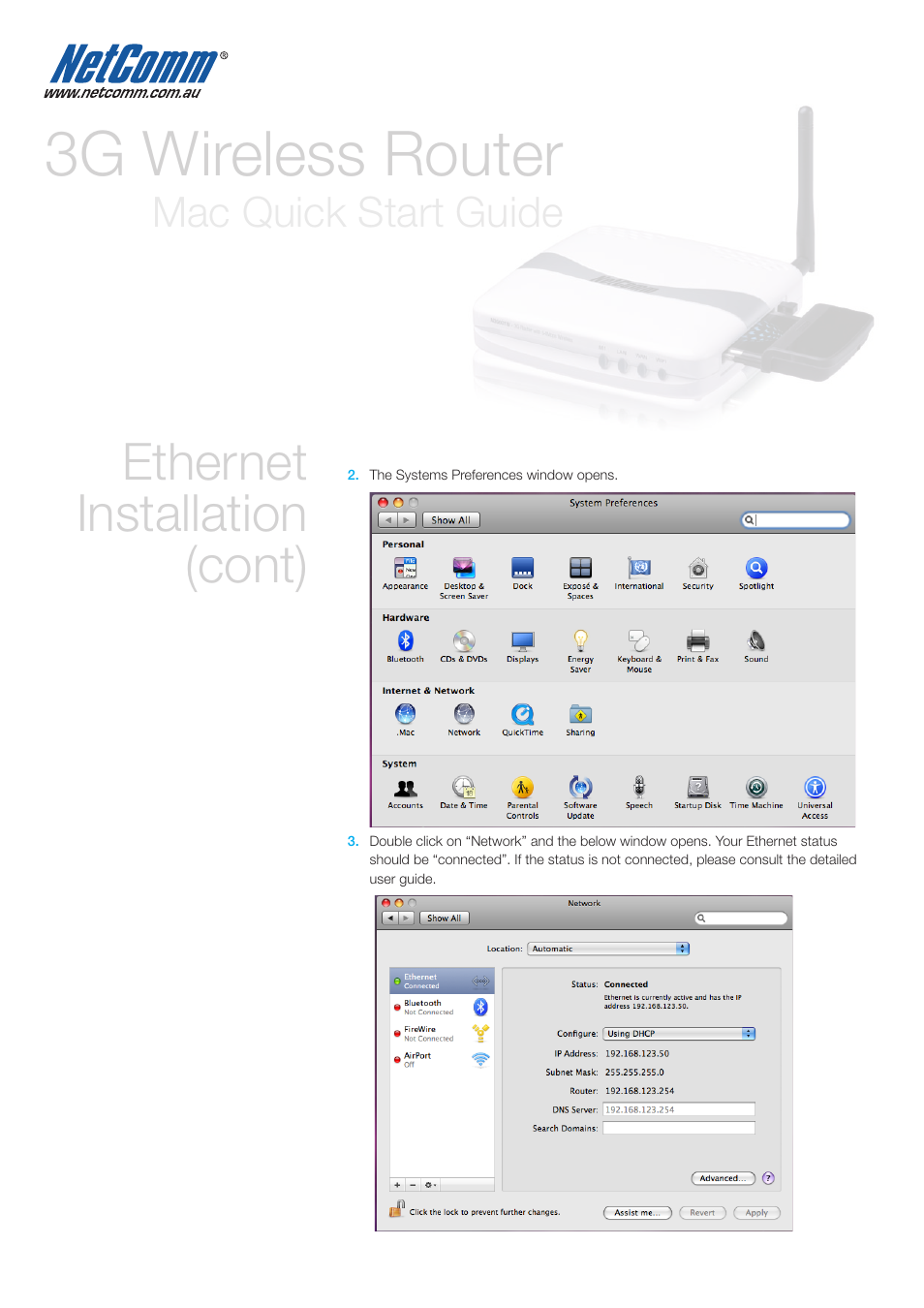 3g wireless router, Ethernet installation (cont), Mac quick start guide | NetComm 3G WIRELESS ROUTER N3G001W User Manual | Page 3 / 8