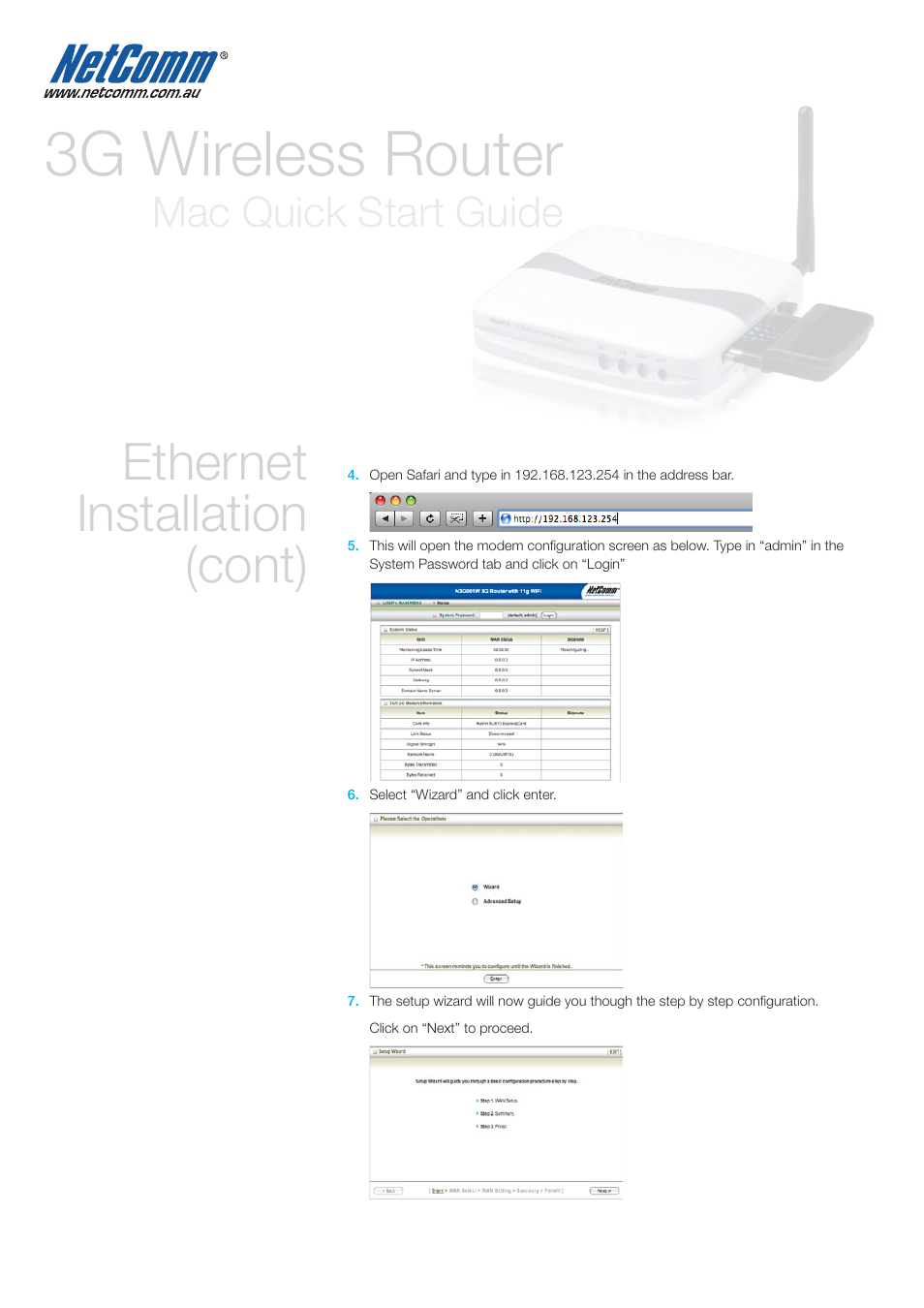 3g wireless router, Ethernet installation (cont), Mac quick start guide | NetComm 3G WIRELESS ROUTER N3G001W User Manual | Page 4 / 8