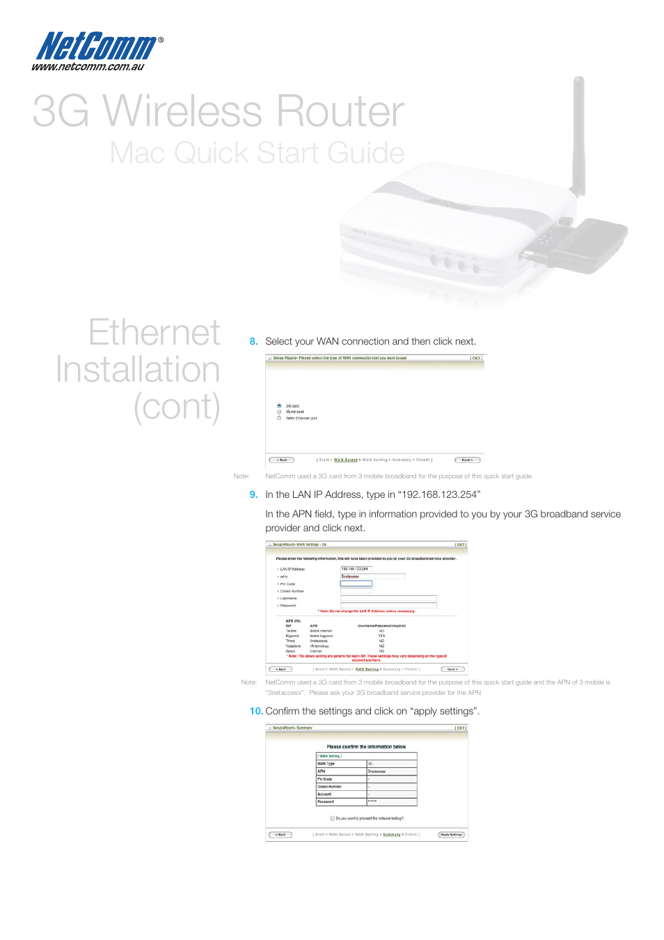 3g wireless router, Ethernet installation (cont), Mac quick start guide | NetComm 3G WIRELESS ROUTER N3G001W User Manual | Page 5 / 8