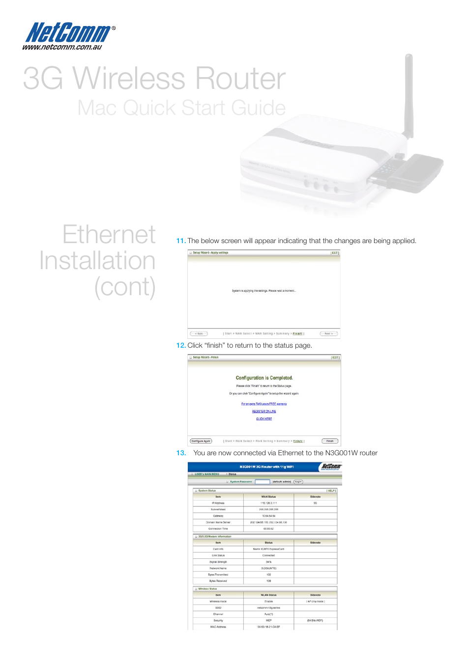 3g wireless router, Ethernet installation (cont), Mac quick start guide | NetComm 3G WIRELESS ROUTER N3G001W User Manual | Page 6 / 8