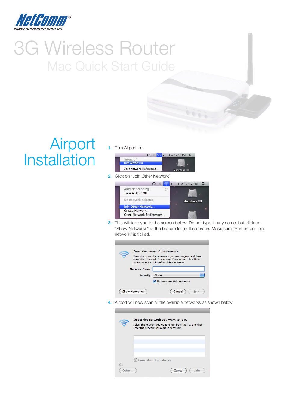 3g wireless router, Airport installation, Mac quick start guide | NetComm 3G WIRELESS ROUTER N3G001W User Manual | Page 7 / 8