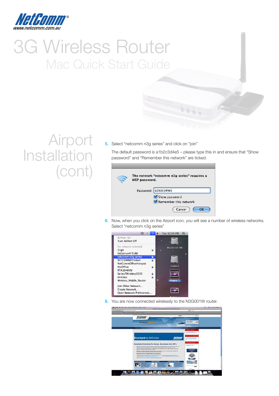 3g wireless router, Airport installation (cont), Mac quick start guide | NetComm 3G WIRELESS ROUTER N3G001W User Manual | Page 8 / 8