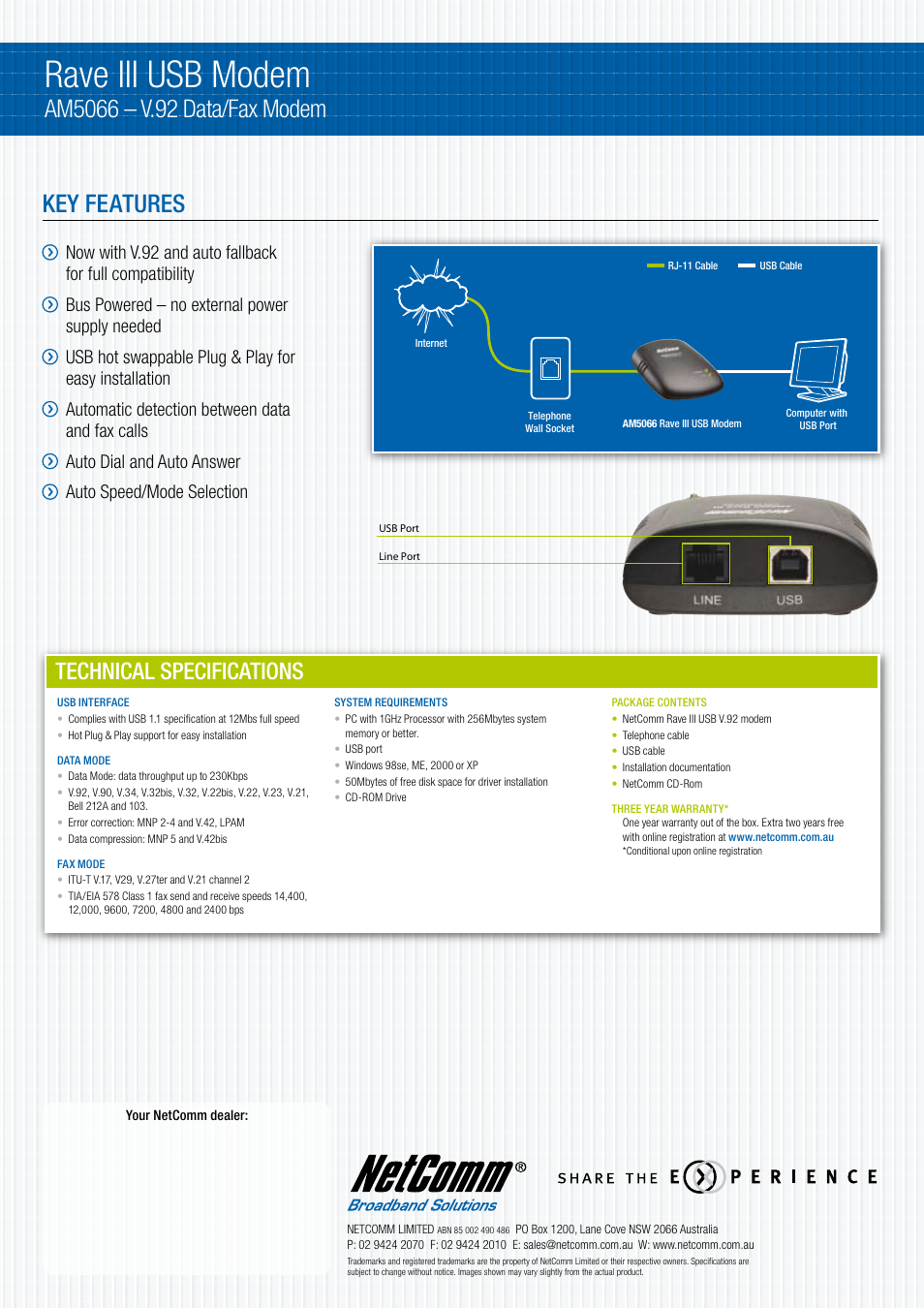 Rave iii usb modem, Key features, Technical specifications | NetComm AM5066 User Manual | Page 2 / 2