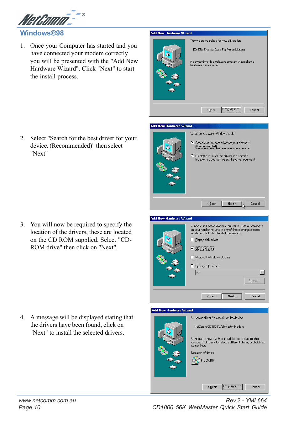 Windows®98 | NetComm 56K WebMaster CD1800 User Manual | Page 10 / 28