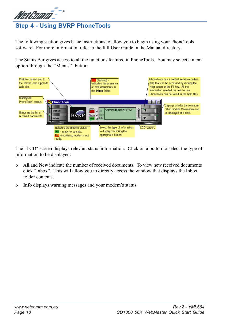 Step 4 - using bvrp phonetools, Phone features | NetComm 56K WebMaster CD1800 User Manual | Page 18 / 28