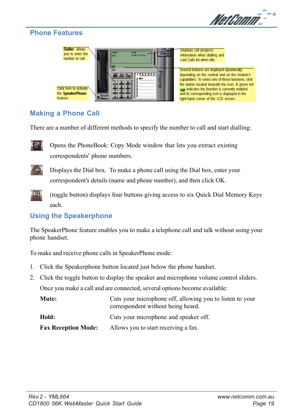 Phone features, Making a phone call, Using the speakerphone | Making a phone call using the speakerphone, Answering machine | NetComm 56K WebMaster CD1800 User Manual | Page 19 / 28