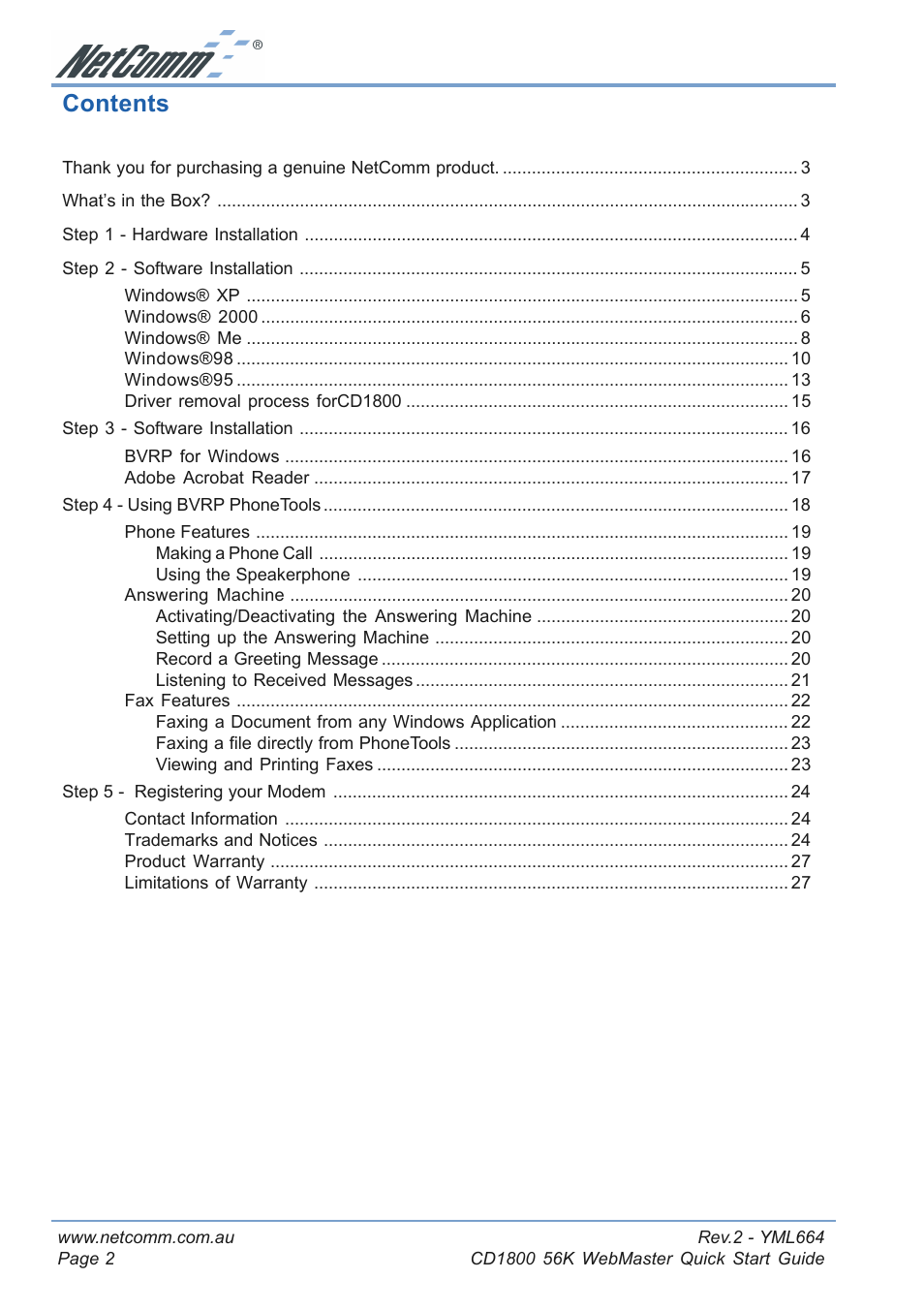 NetComm 56K WebMaster CD1800 User Manual | Page 2 / 28