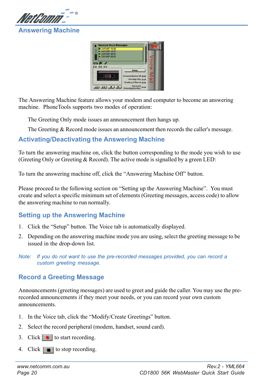 Answering machine, Activating/deactivating the answering machine, Setting up the answering machine | Record a greeting message | NetComm 56K WebMaster CD1800 User Manual | Page 20 / 28