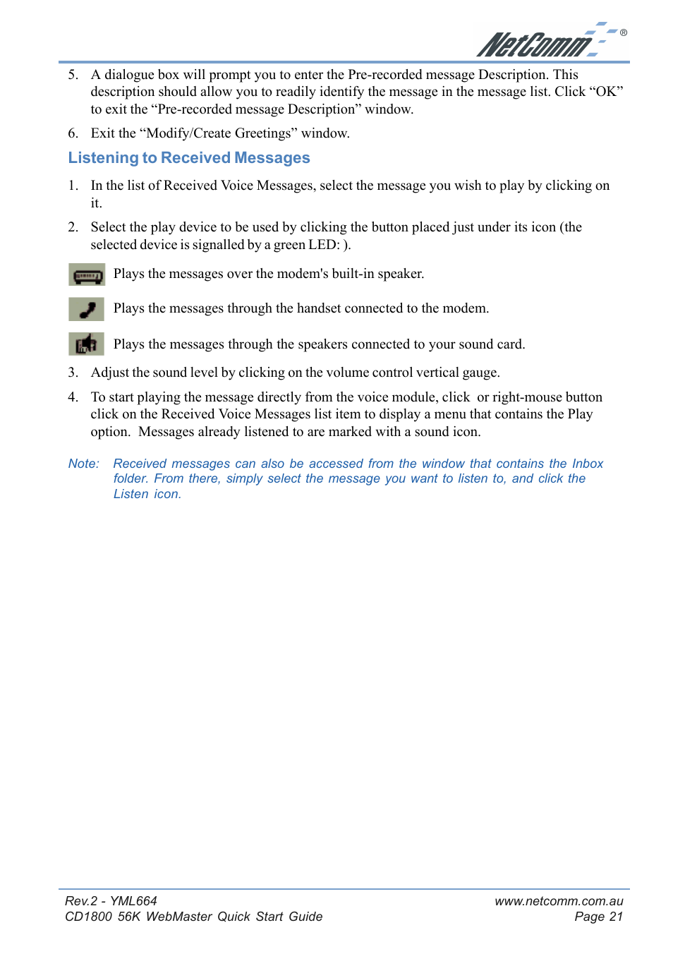 Listening to received messages, Fax features | NetComm 56K WebMaster CD1800 User Manual | Page 21 / 28