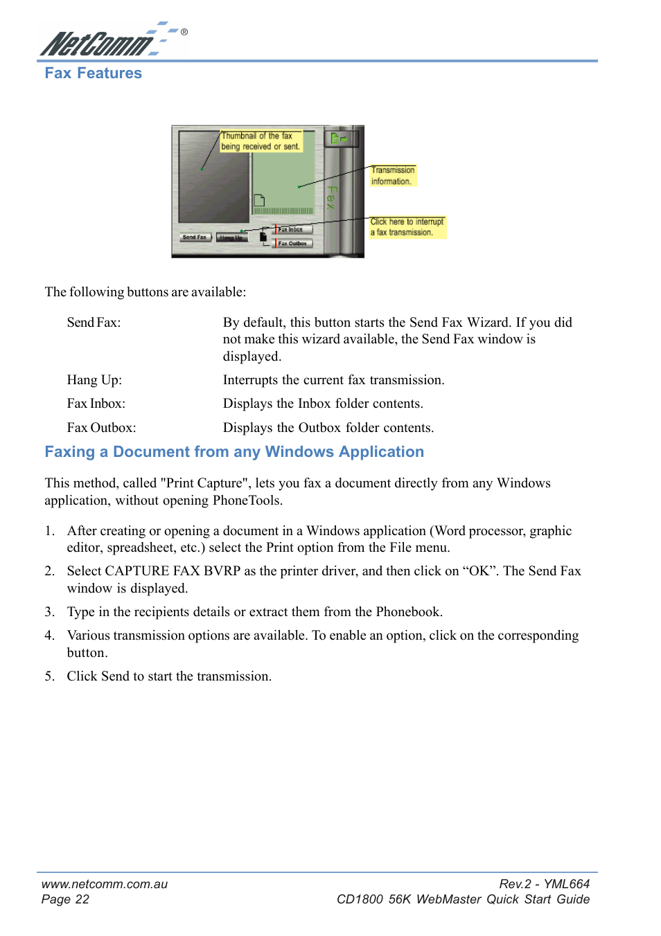 Fax features, Faxing a document from any windows application | NetComm 56K WebMaster CD1800 User Manual | Page 22 / 28