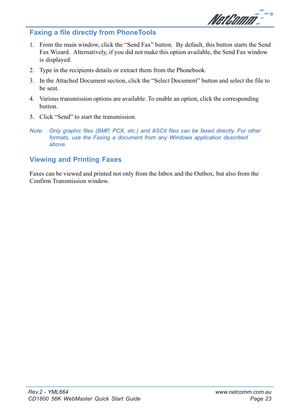 Faxing a file directly from phonetools, Viewing and printing faxes, Step 5 - registering your modem | NetComm 56K WebMaster CD1800 User Manual | Page 23 / 28