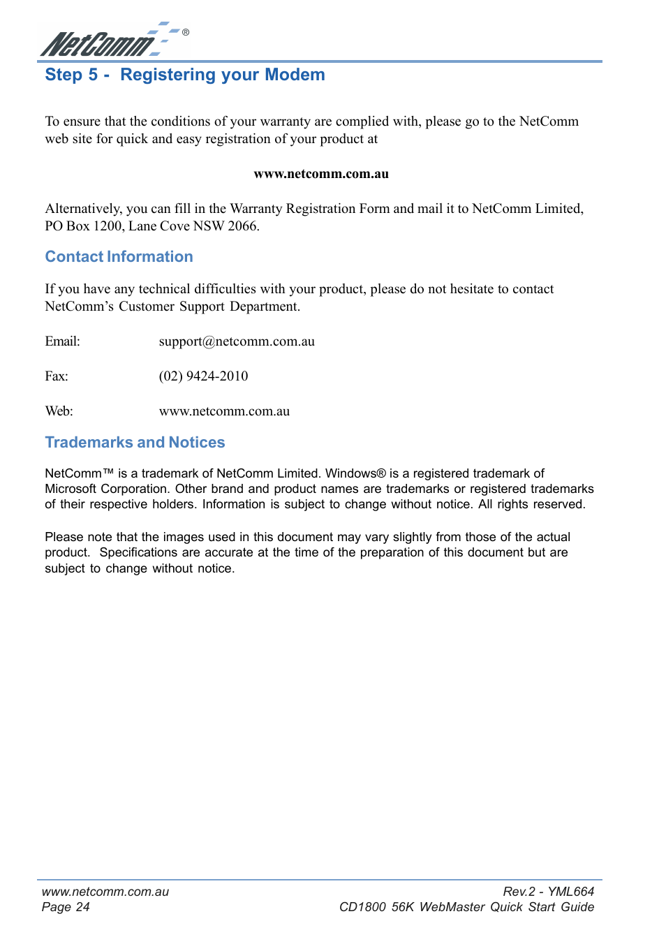 Step 5 - registering your modem, Contact information, Trademarks and notices | NetComm 56K WebMaster CD1800 User Manual | Page 24 / 28