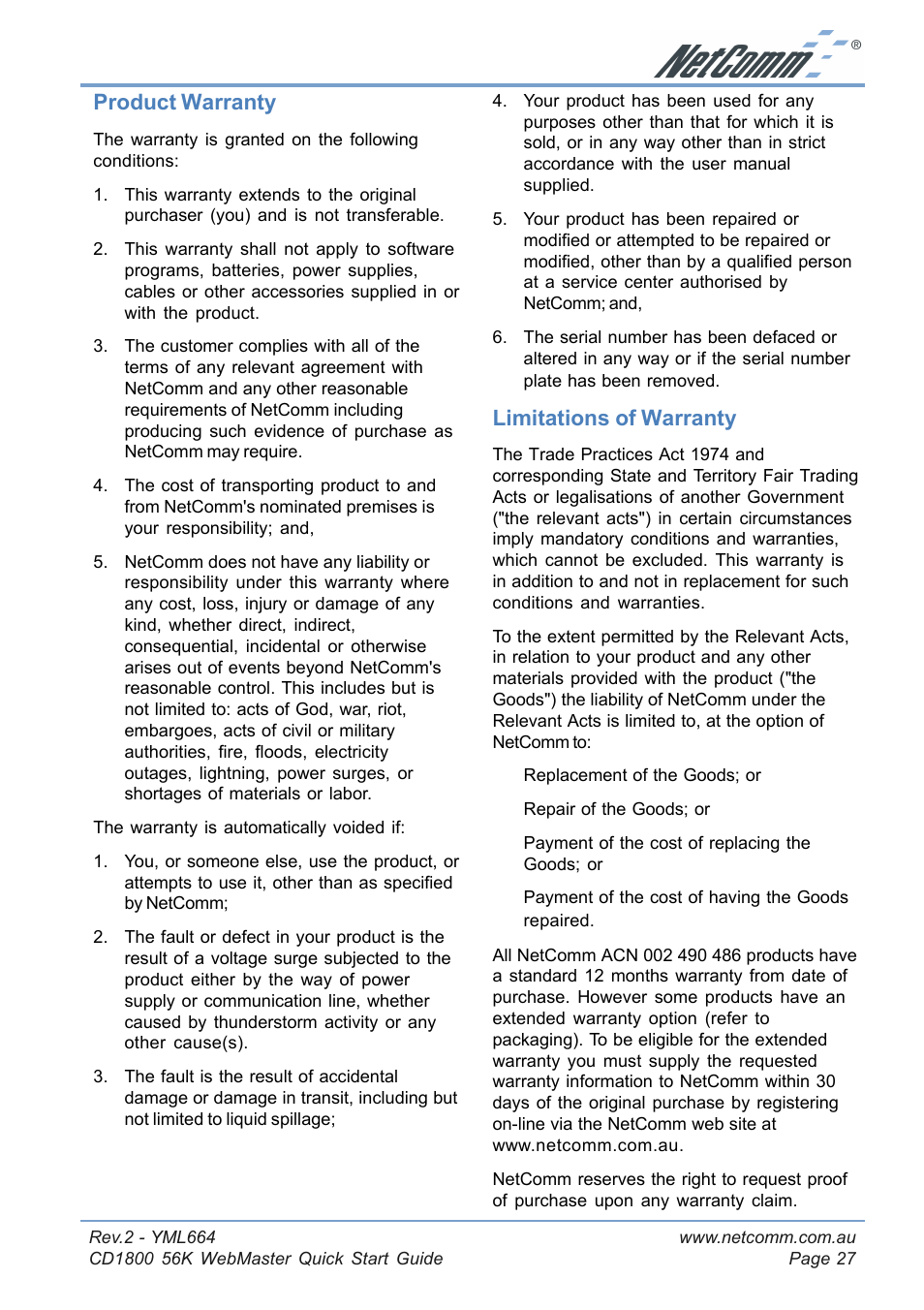Product warranty, Limitations of warranty | NetComm 56K WebMaster CD1800 User Manual | Page 27 / 28