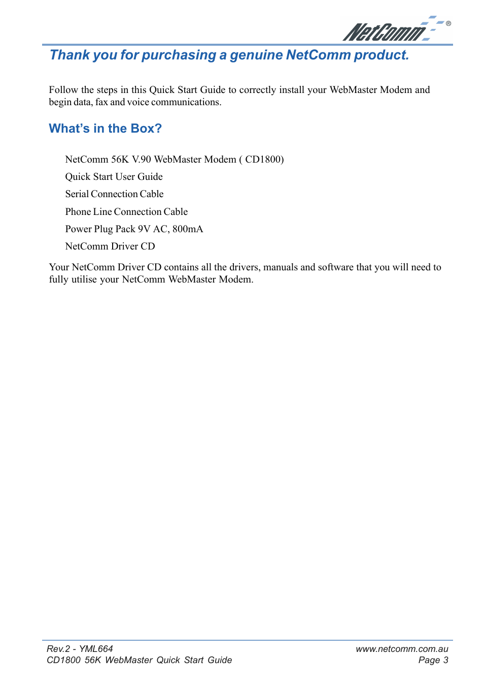 Thank you for purchasing a genuine netcomm product, What's in the box, What’s in the box | NetComm 56K WebMaster CD1800 User Manual | Page 3 / 28