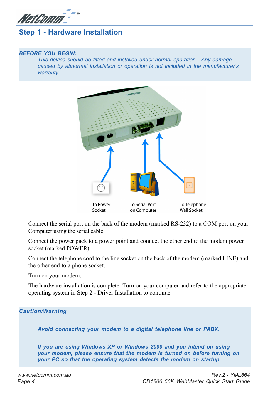 Step 1 - hardware installation | NetComm 56K WebMaster CD1800 User Manual | Page 4 / 28