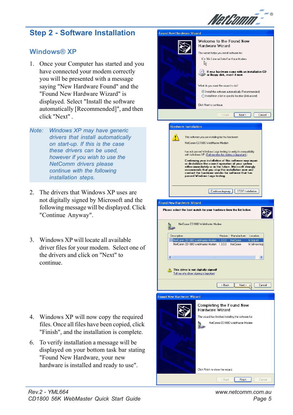 Step 2 - software installation, Windows® xp | NetComm 56K WebMaster CD1800 User Manual | Page 5 / 28