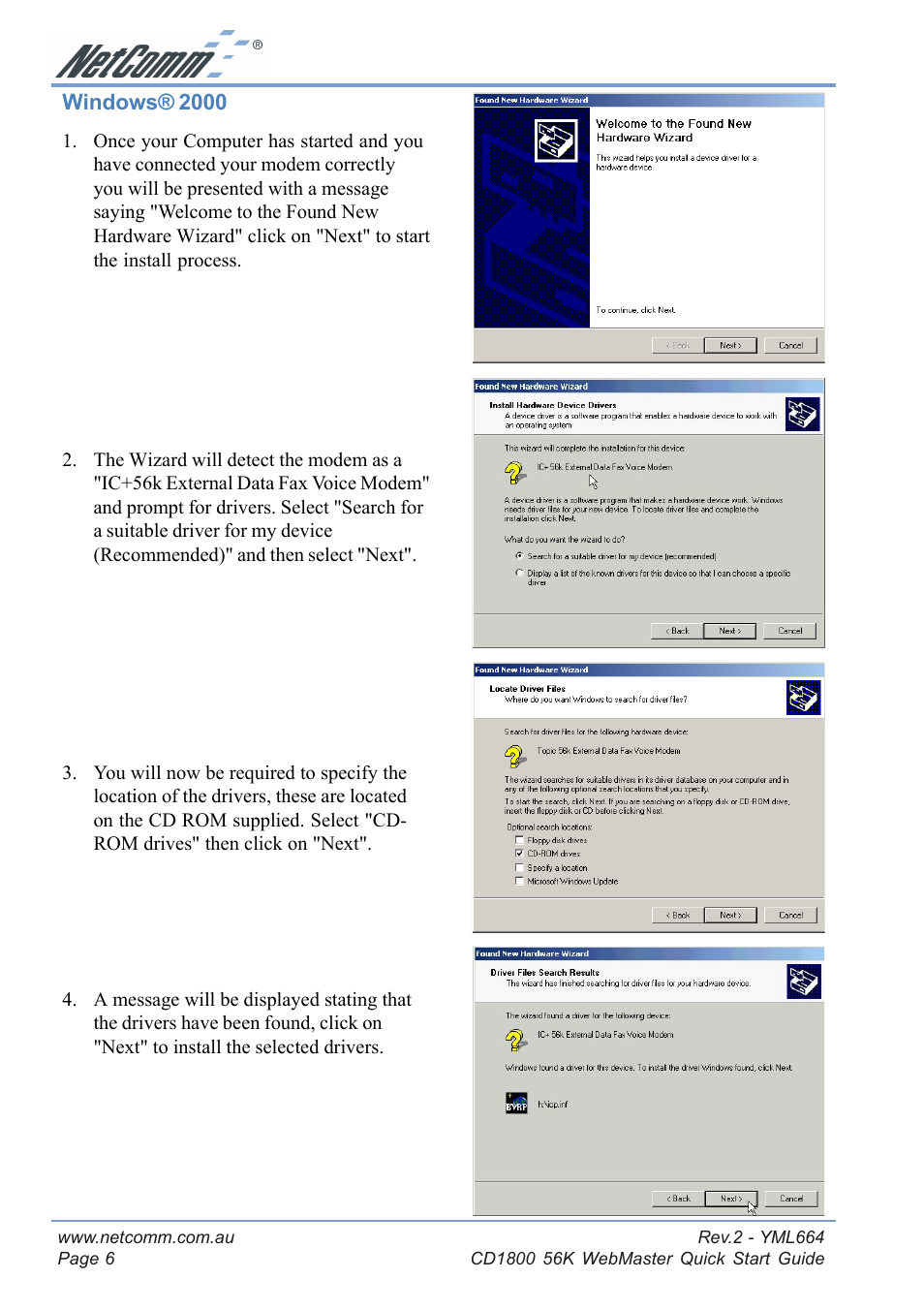 Windows® 2000 | NetComm 56K WebMaster CD1800 User Manual | Page 6 / 28