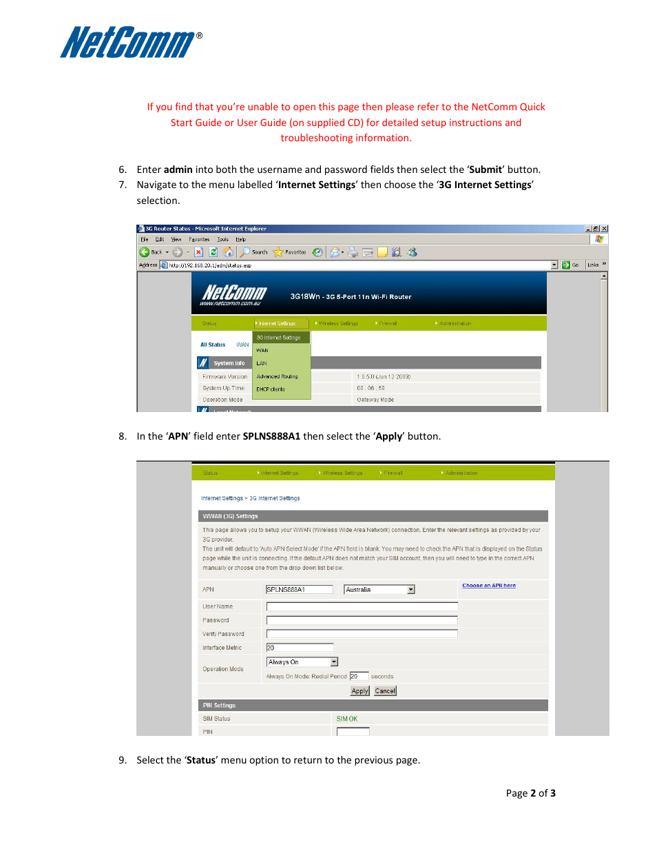 NetComm 3G18WN User Manual | Page 2 / 3