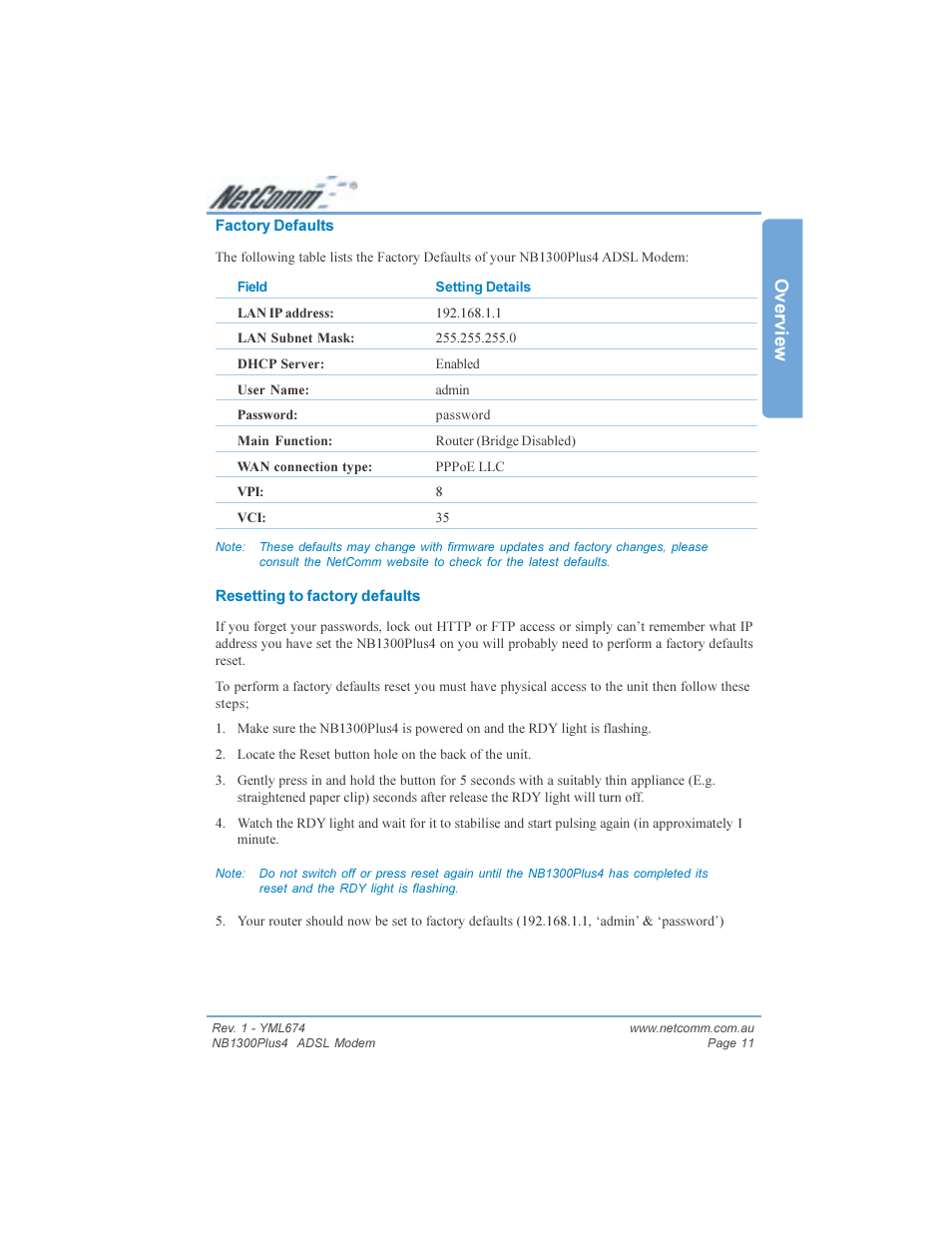 Overview | NetComm NB1300PLUS4 User Manual | Page 11 / 92