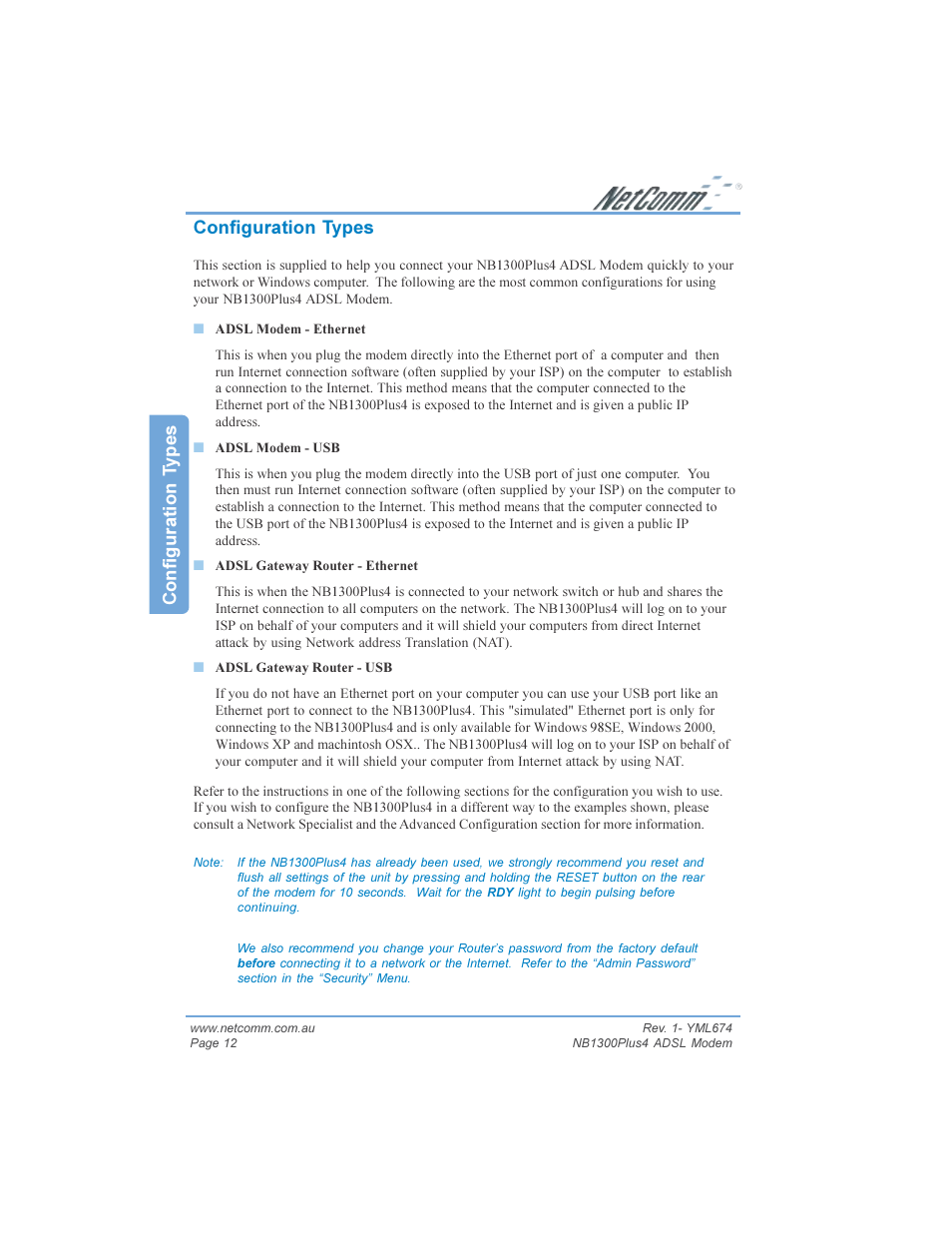 Configuration t y pes configuration types | NetComm NB1300PLUS4 User Manual | Page 12 / 92