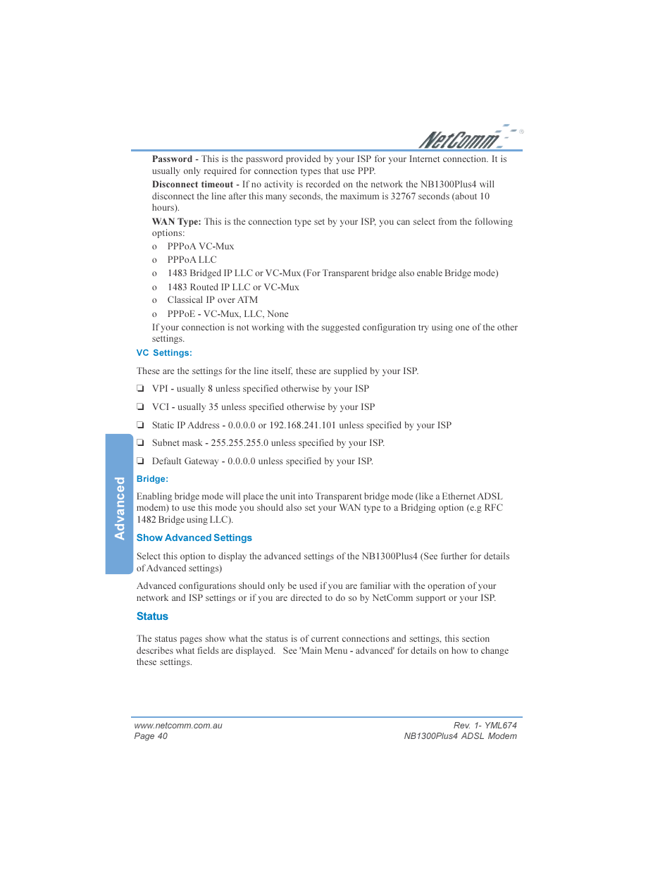 Advanced | NetComm NB1300PLUS4 User Manual | Page 40 / 92