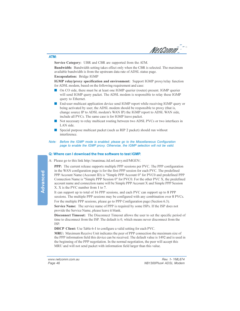Advanced | NetComm NB1300PLUS4 User Manual | Page 46 / 92