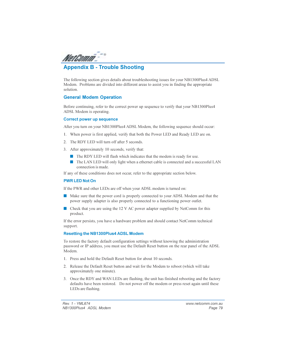 Appendix b - trouble shooting | NetComm NB1300PLUS4 User Manual | Page 79 / 92