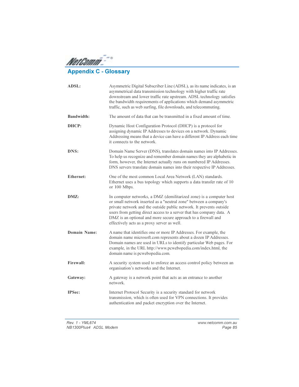 Appendix c - glossary | NetComm NB1300PLUS4 User Manual | Page 85 / 92