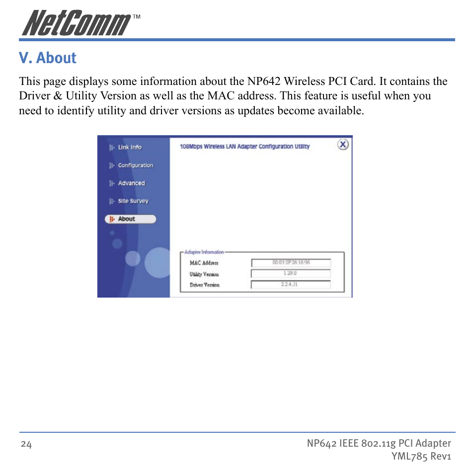 V. about | NetComm NP642 User Manual | Page 24 / 36