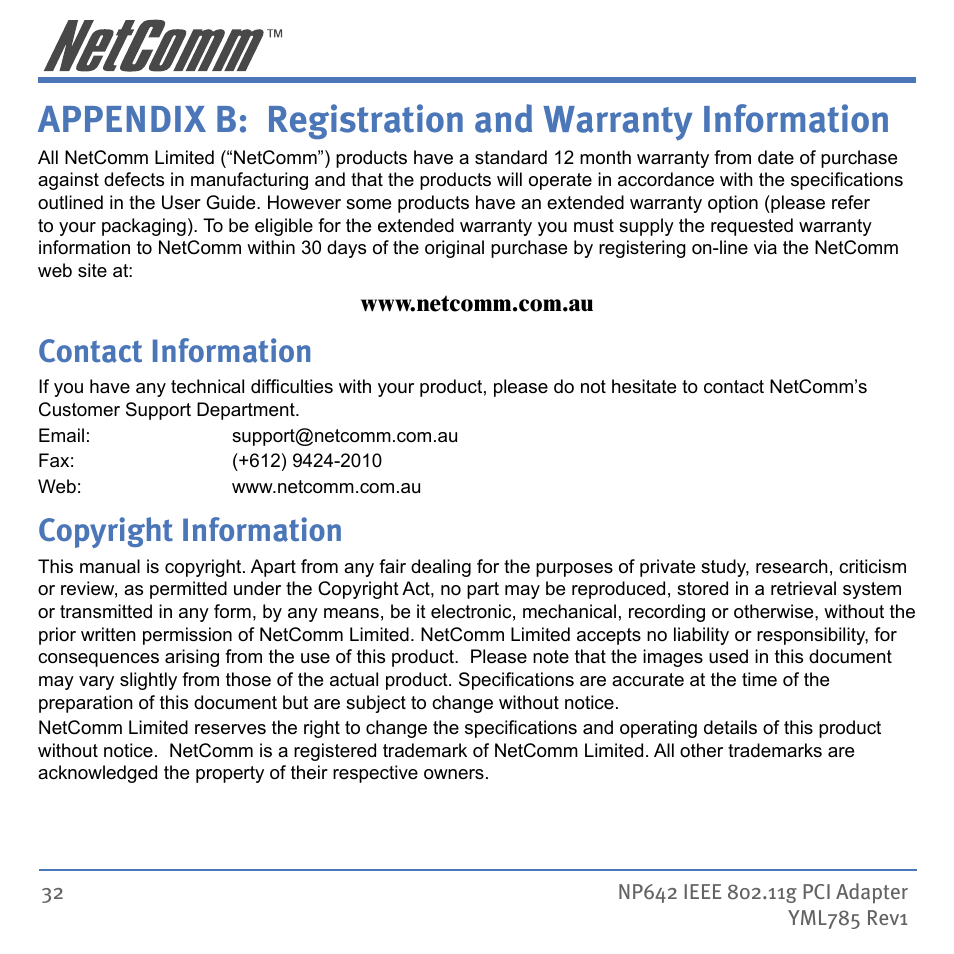 Appendix b: registration and warranty information, Contact information copyright information, Contact information | Copyright information | NetComm NP642 User Manual | Page 32 / 36