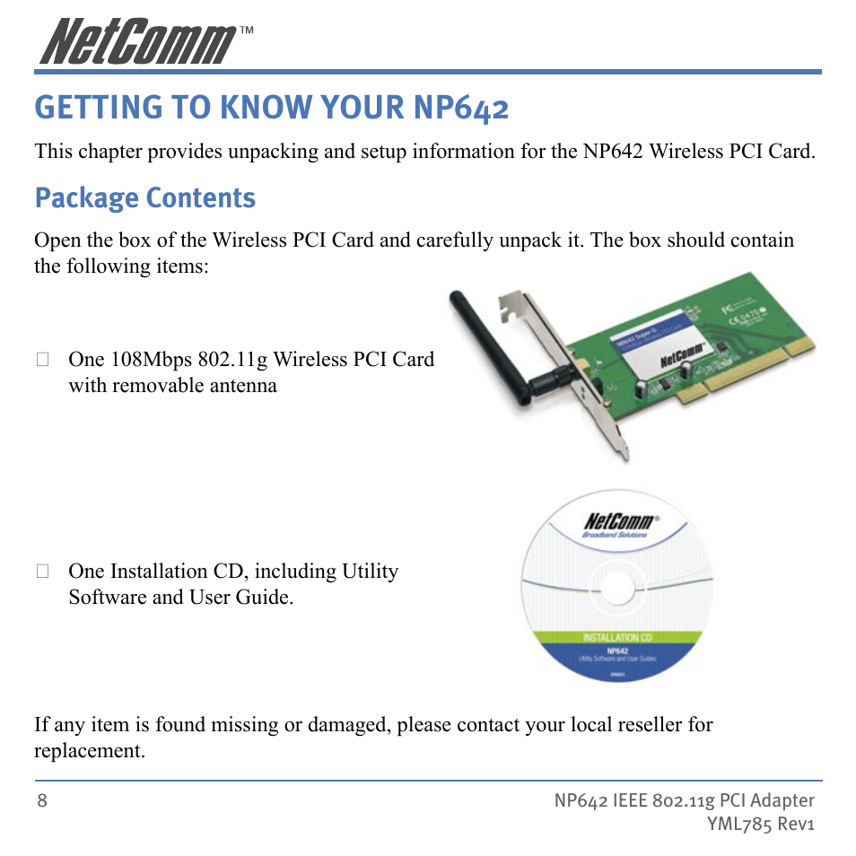 Getting to know your np642, Package contents | NetComm NP642 User Manual | Page 8 / 36
