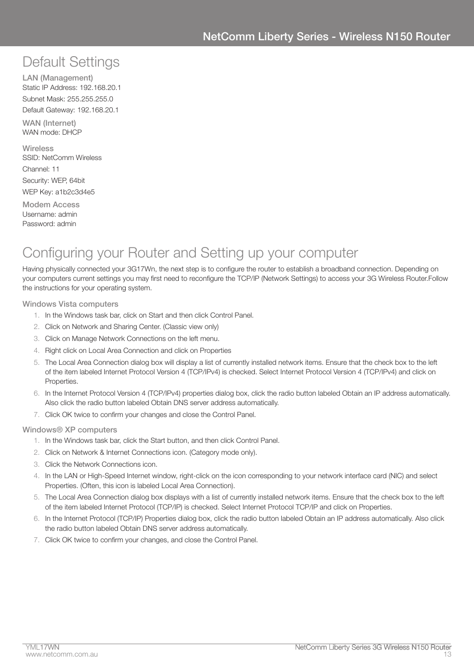 Default settings, Netcomm liberty series - wireless n150 router | NetComm N150 User Manual | Page 13 / 53