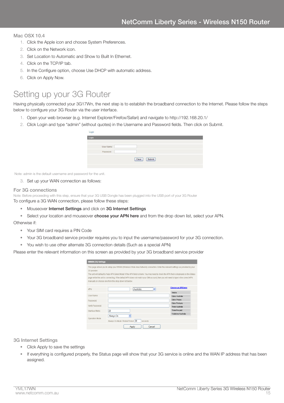 Setting up your 3g router, Netcomm liberty series - wireless n150 router | NetComm N150 User Manual | Page 15 / 53
