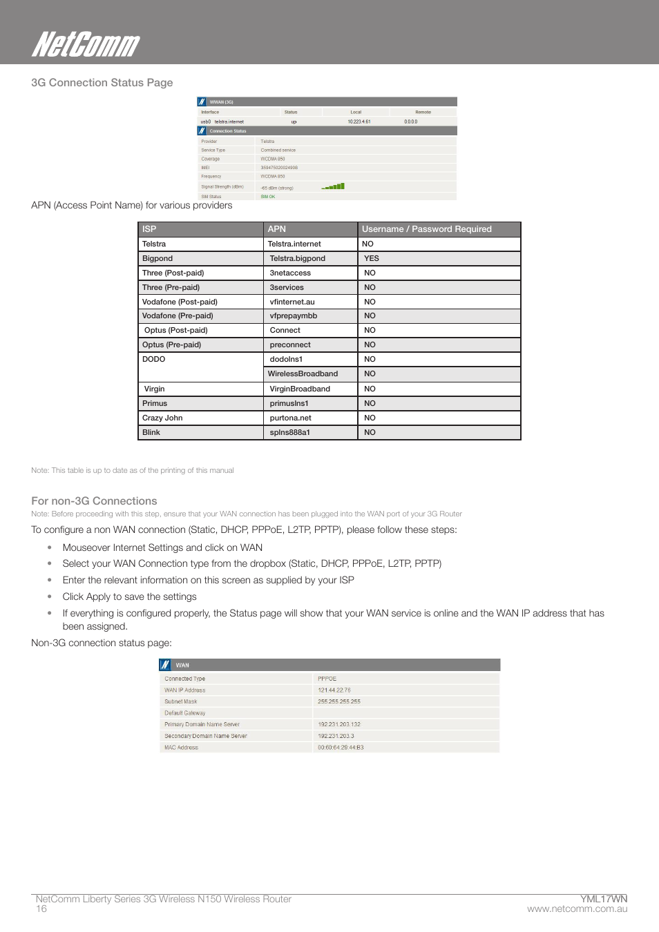 3g connection status page, For non-3g connections | NetComm N150 User Manual | Page 16 / 53