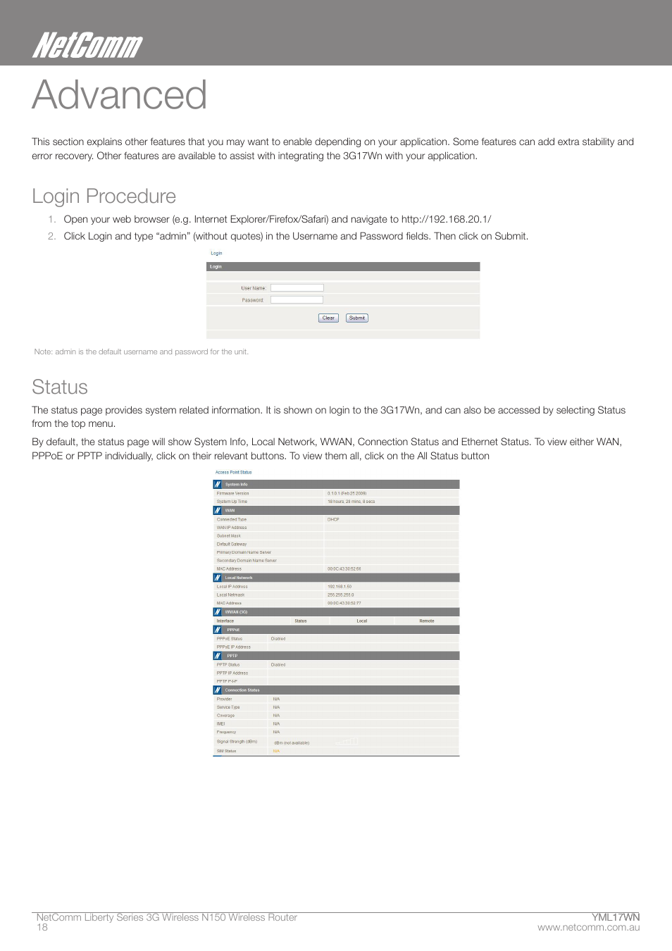 Advanced, Login procedure, Status | NetComm N150 User Manual | Page 18 / 53