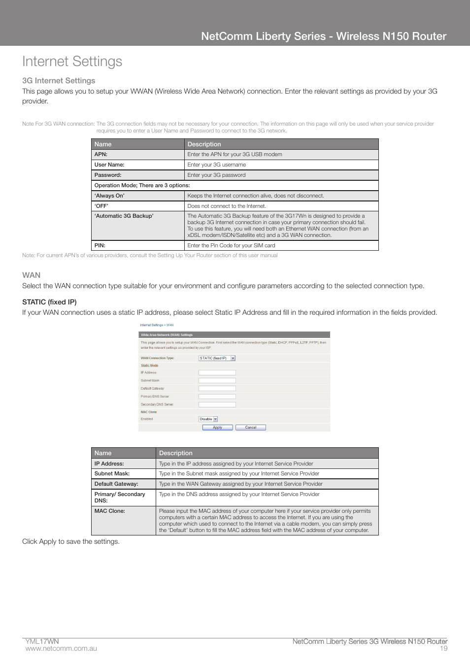 Internet settings, Netcomm liberty series - wireless n150 router, 3g internet settings | NetComm N150 User Manual | Page 19 / 53