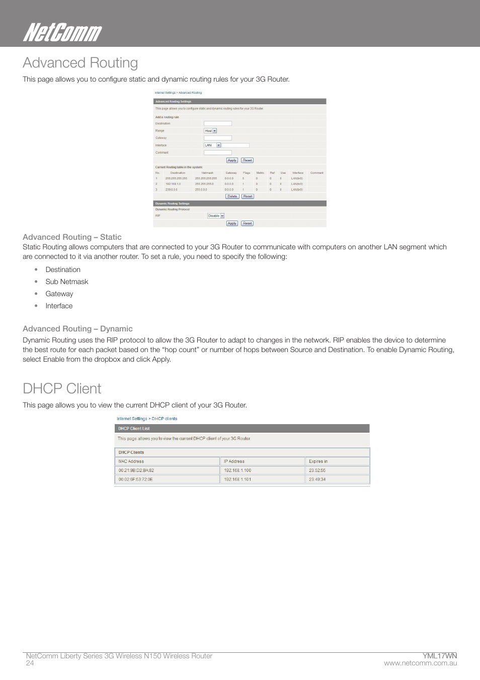 Advanced routing, Dhcp client | NetComm N150 User Manual | Page 24 / 53