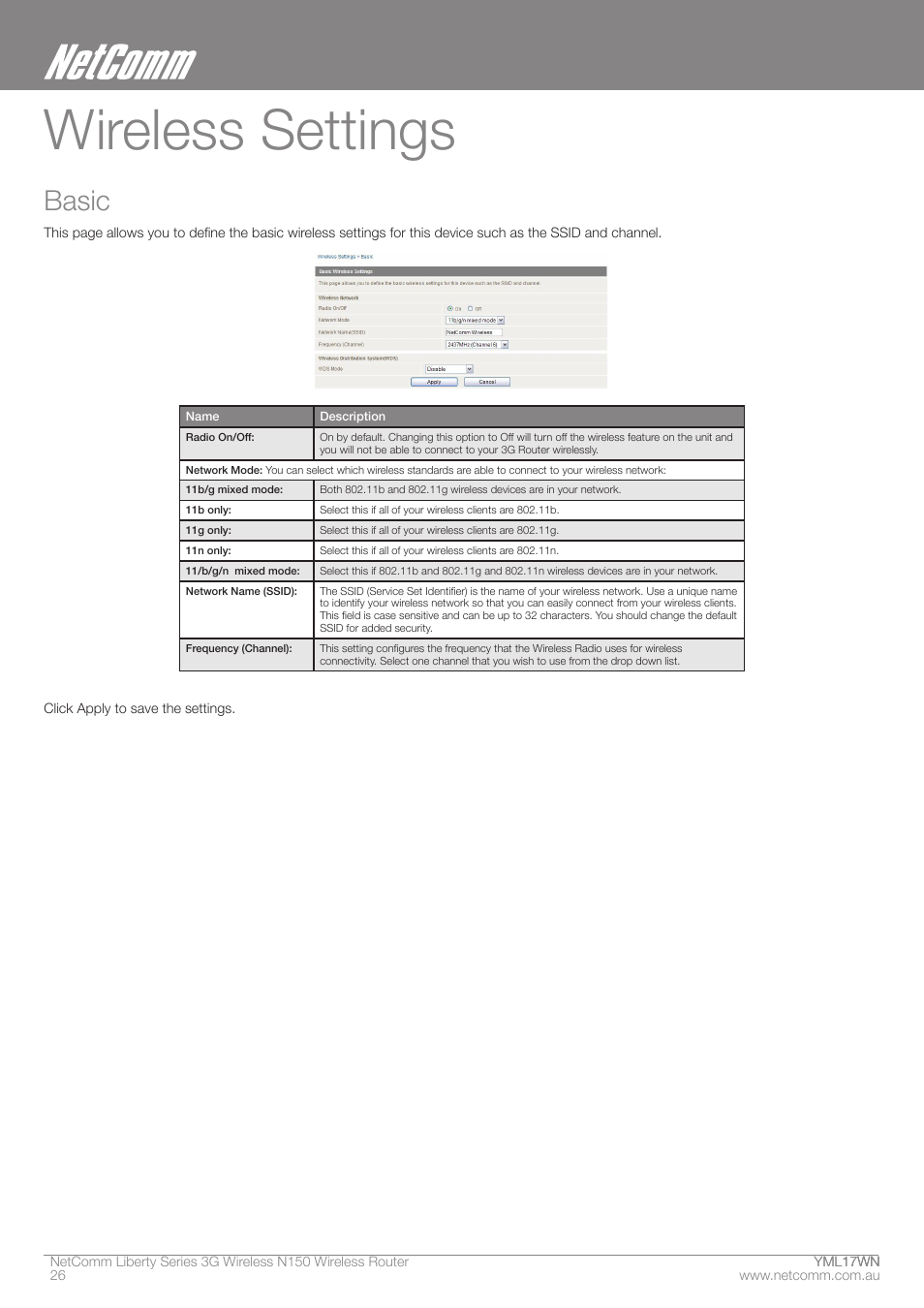 Wireless settings, Basic | NetComm N150 User Manual | Page 26 / 53
