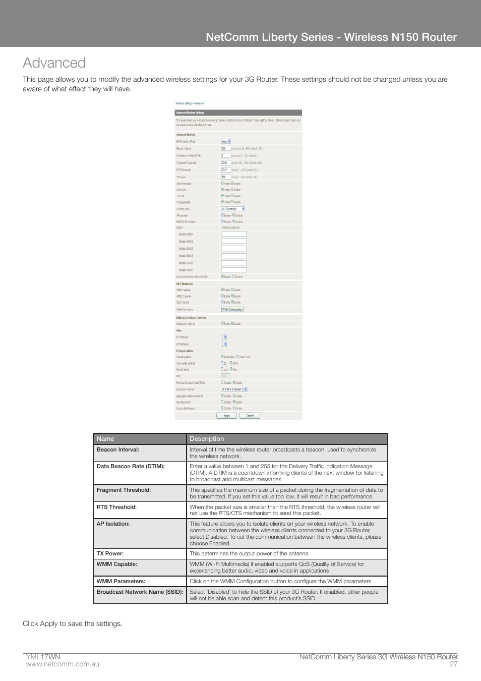 Advanced, Netcomm liberty series - wireless n150 router | NetComm N150 User Manual | Page 27 / 53