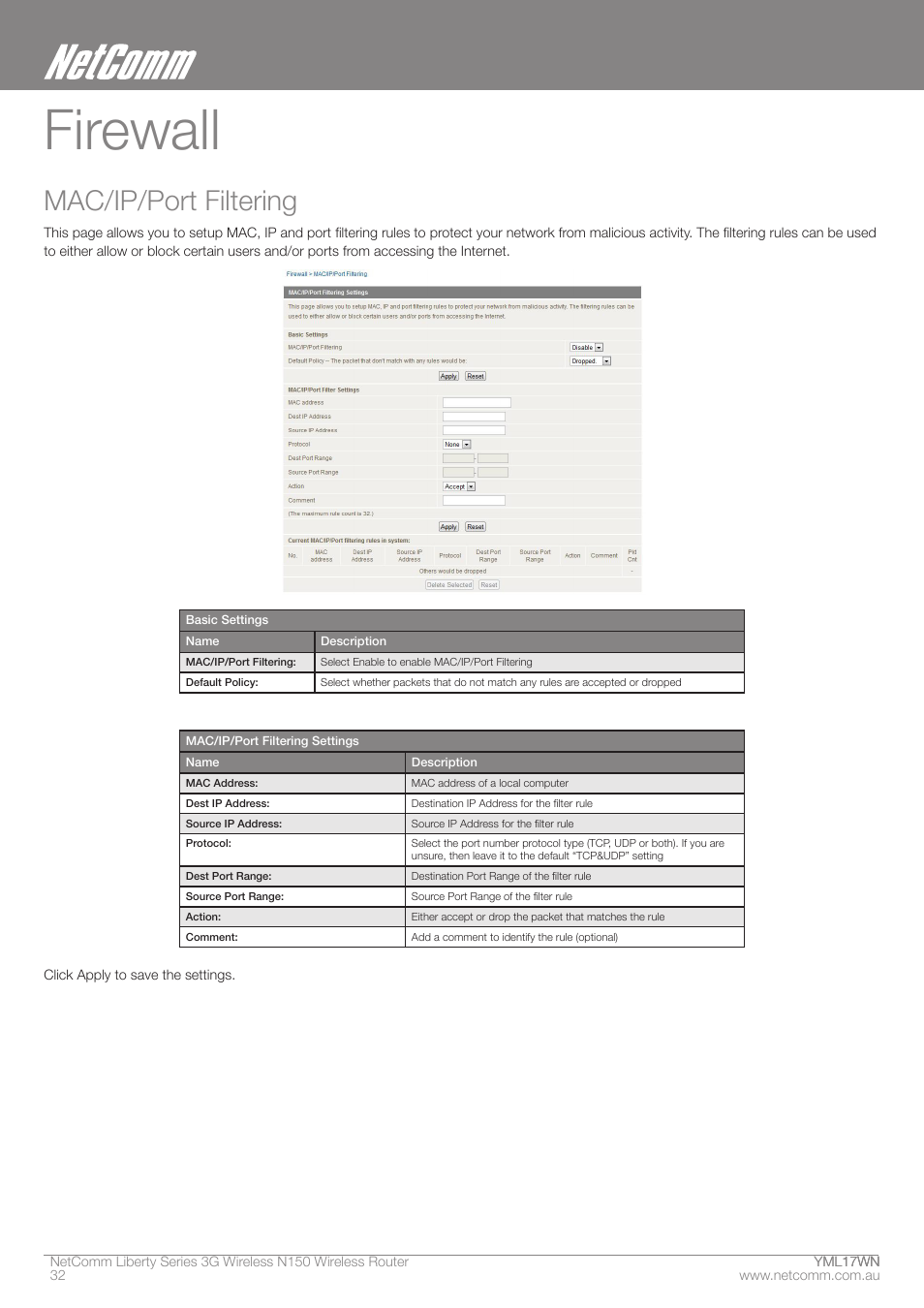 Firewall, Mac/ip/port filtering | NetComm N150 User Manual | Page 32 / 53
