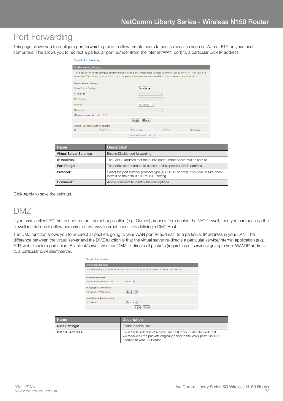 Port forwarding, Netcomm liberty series - wireless n150 router | NetComm N150 User Manual | Page 33 / 53