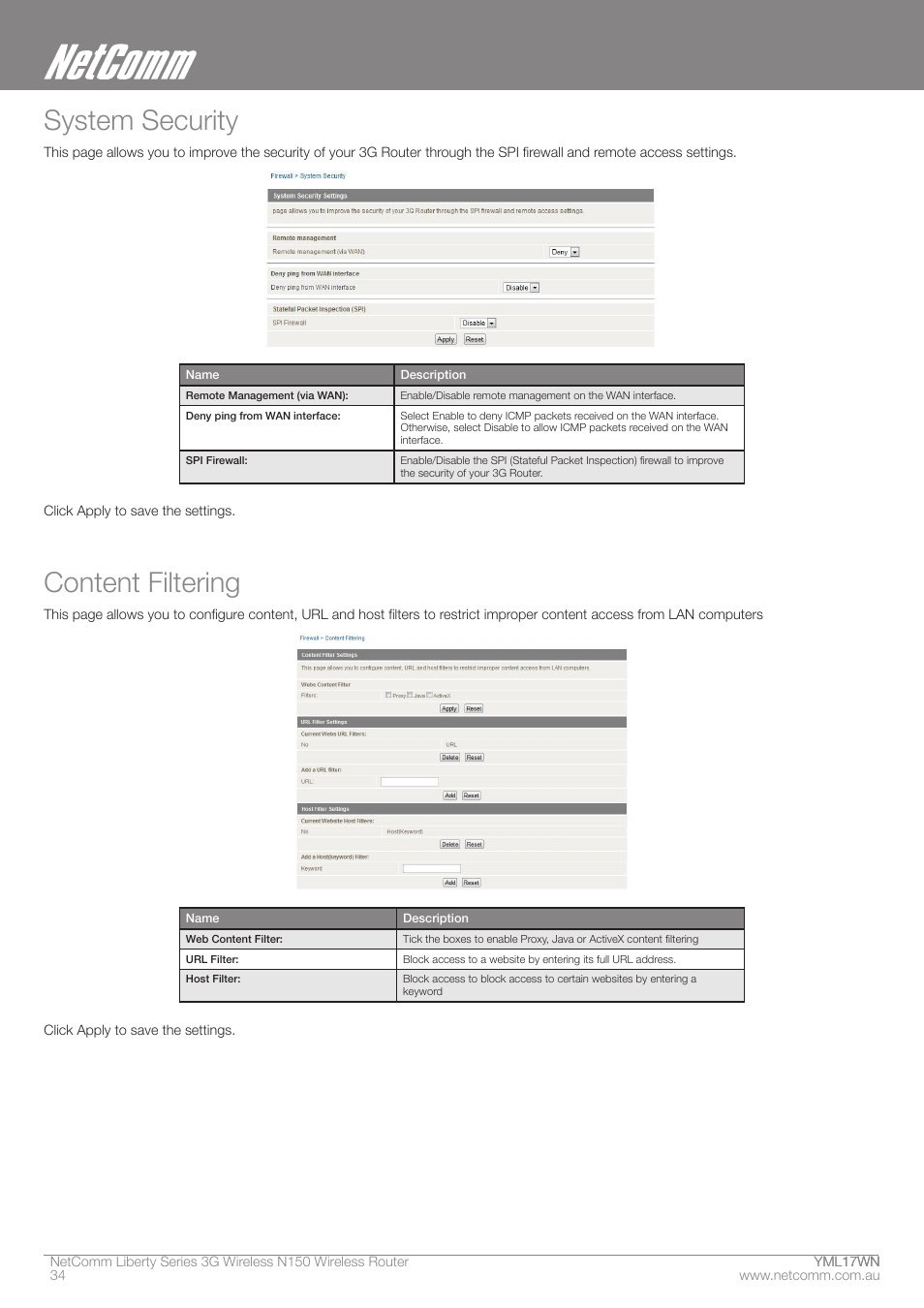 System security, Content filtering | NetComm N150 User Manual | Page 34 / 53